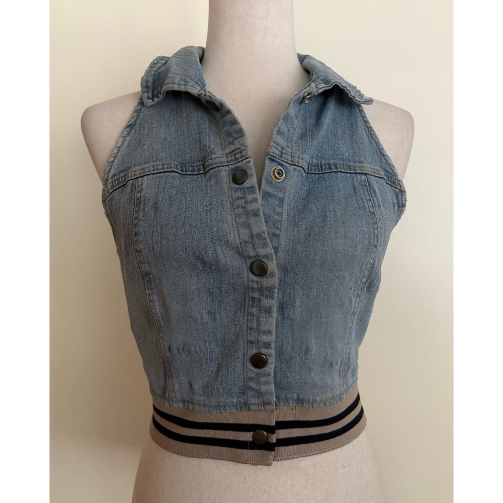 Vintage Y2K Stretch Denim Vest Cropped Sporty Snap Button Front Racer Back Sz M